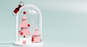 Una cupola di vetro con un albero di Natale rosso e bianco sotto di essa