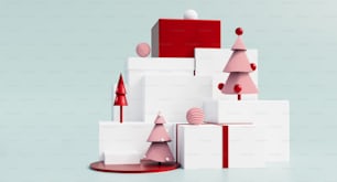 un gruppo di scatole bianche con decorazioni rosse e bianche