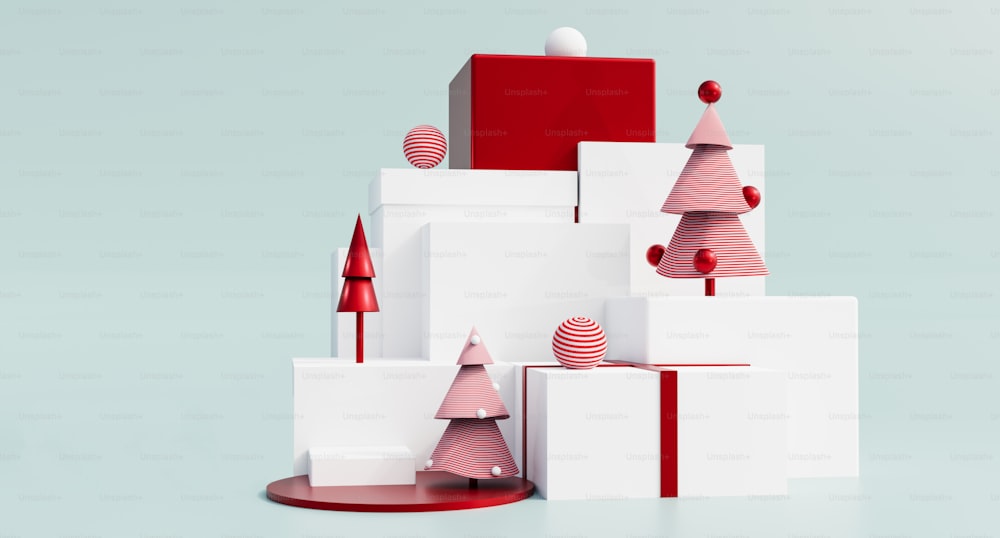 a group of white boxes with red and white decorations