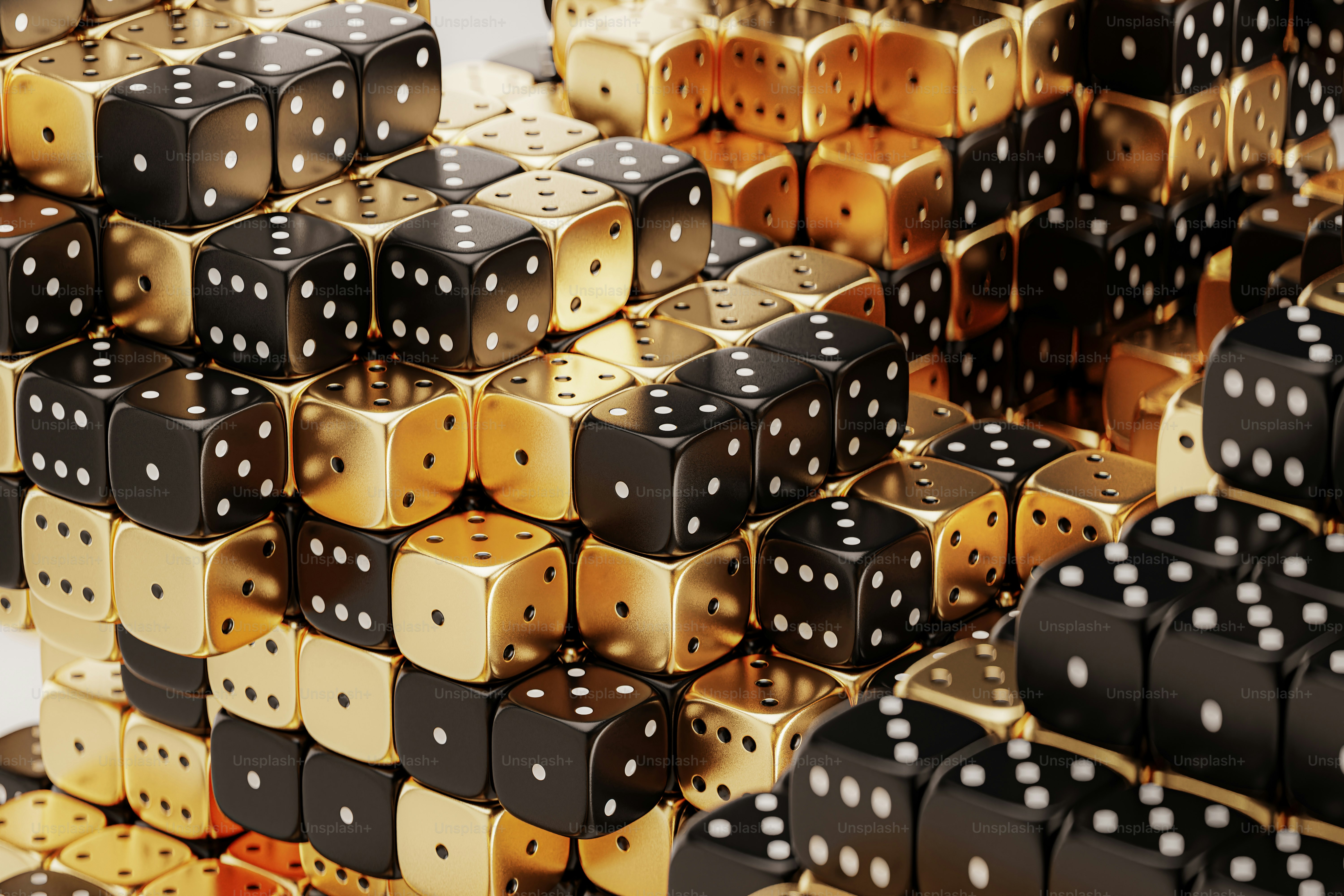 3D render of gambling dice in rich gold colors.