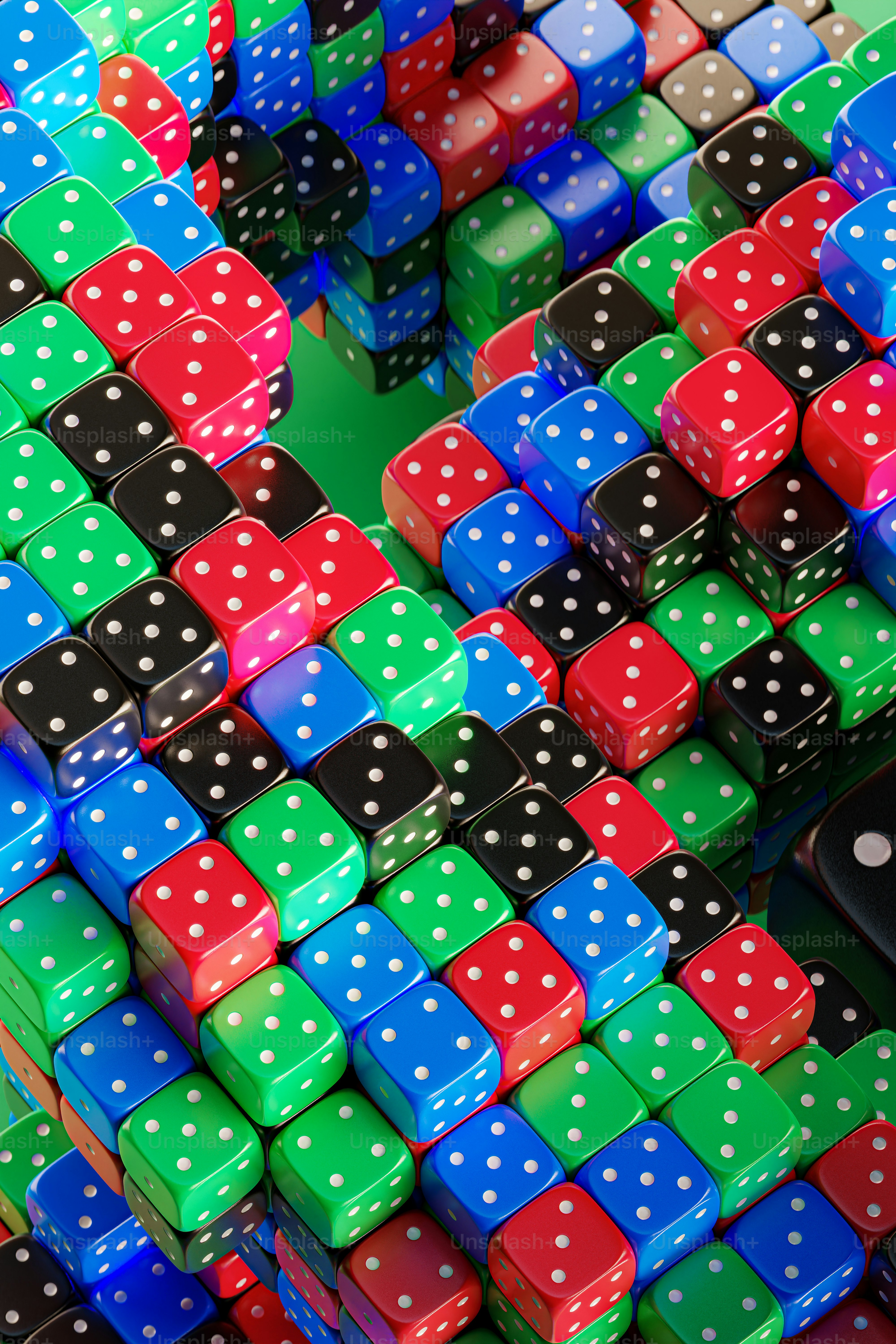 3D render of gambling dice in a colorful poker color scheme.