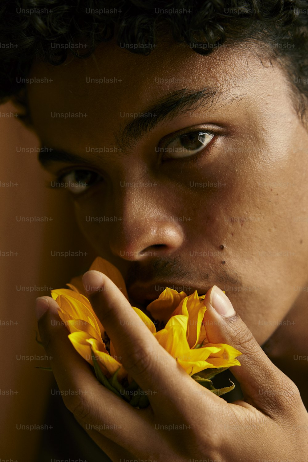 um close up de uma pessoa segurando uma flor