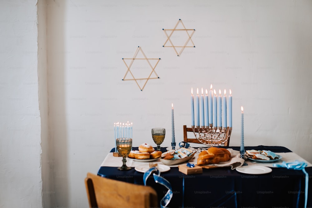 a dining table with a hanukkah menorah on it