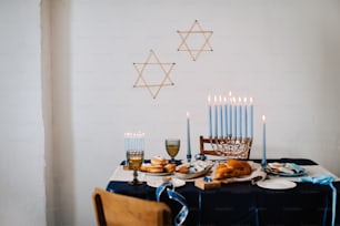 a dining table with a hanukkah menorah on it