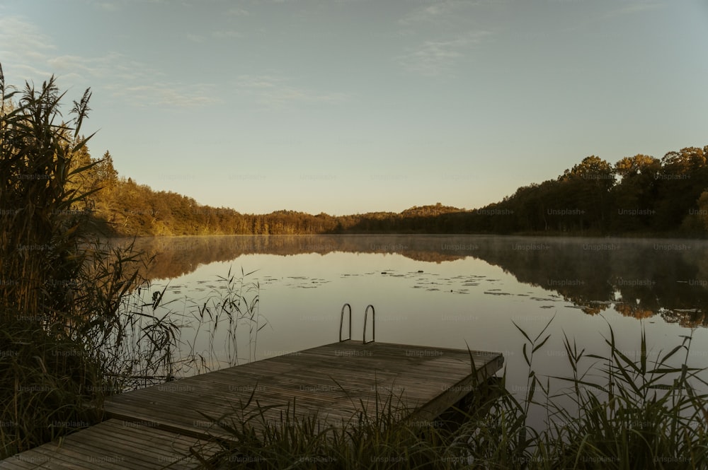 a dock sitting on top of a lake next to a forest
