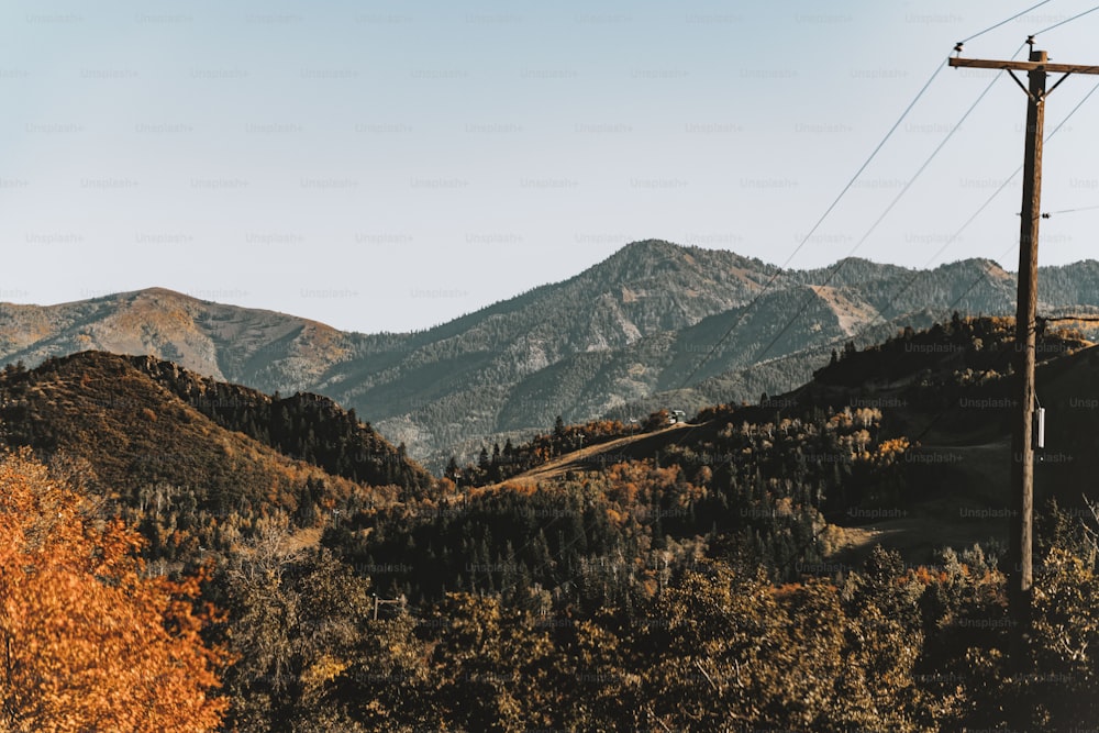 a view of a mountain range with a telephone pole in the foreground