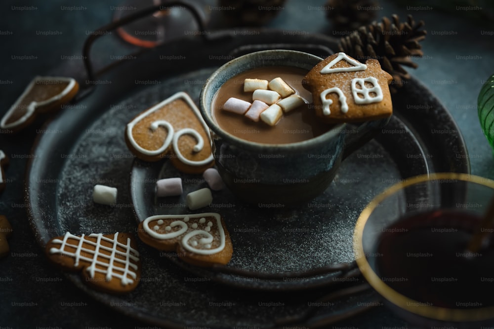 eine Tasse heiße Schokolade mit Marshmallows und Ingwerkeksen