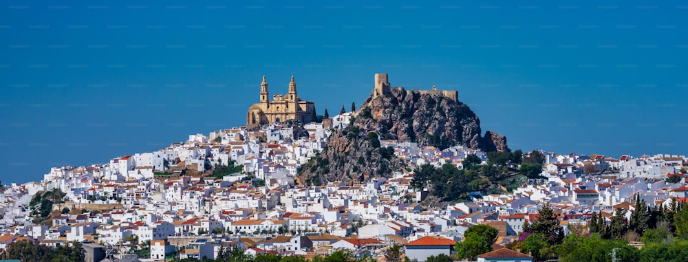 スペイン、アンダルシアのプエブロブランコス、美しい白い村の1つであるオルベラ村の眺め。ムーア様式の要塞と白塗りの村を見下ろす新古典主義の大聖堂が特徴です。