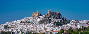 Blick auf das Dorf Olvera, eines der schönen weißen Dörfer, Pueblos Blancos in Andalusien, Spanien. Freuen Sie sich auf eine maurische Festung und eine neoklassizistische Kathedrale mit Blick auf das weiß getünchte Dorf.