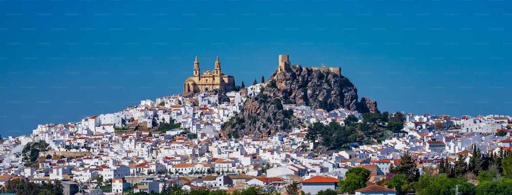 View of Olvera village, one of the beautiful white villages, Pueblos Blancos of Andalusia, Spain. It features a moorish fortress and a neoclassic cathedral overlooking the whitewashed village.