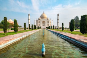 Vista frontale del Taj Mahal riflessa sulla piscina di riflessione, un mausoleo di marmo bianco-avorio sulla riva sud del fiume Yamuna ad Agra, Uttar Pradesh, India. Una delle sette meraviglie del mondo.
