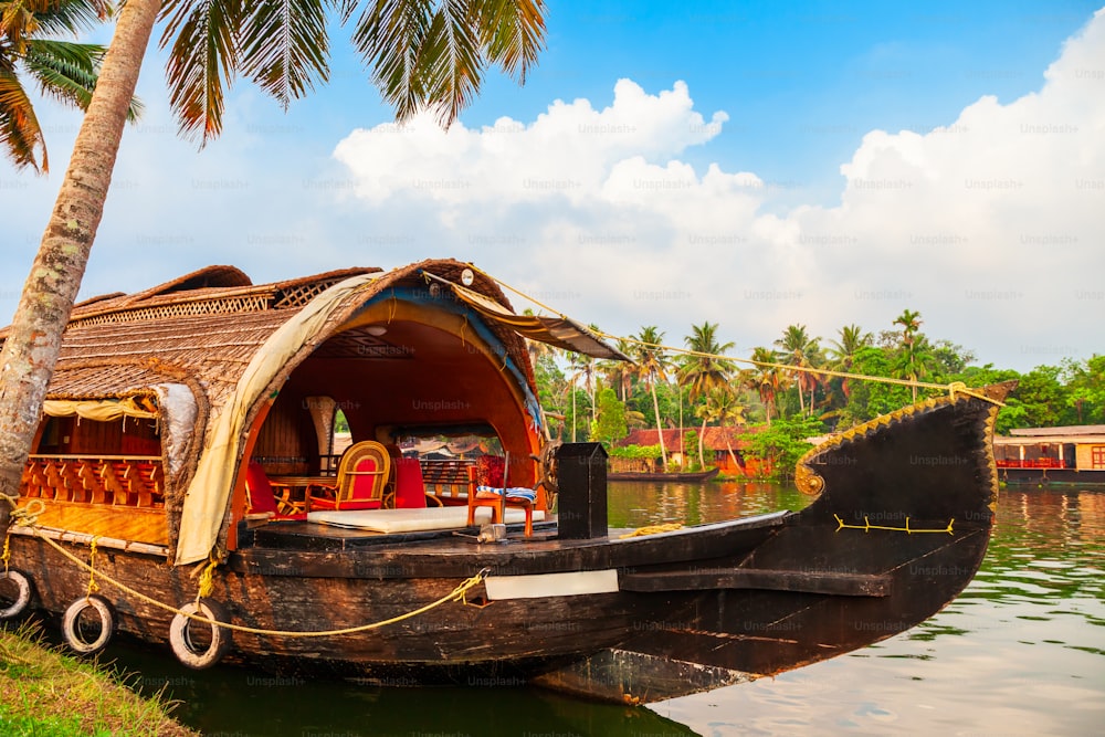 A houseboat in Alappuzha backwaters in Kerala state in India