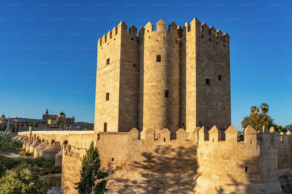 Calahorra Tower, Torre de la Calahorra, 코르도바, 스페인. 스페인 안달루시아 코르도바의 역사적 중심지에 있는 인근 로마 다리를 보호하기 위해 12세기 후반에 알모하드가 지은 요새화된 문입니다.