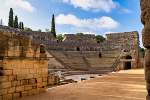 Amphithéâtre romain de Mérida, Augusta Emerita en Estrémadure, Espagne. Ville romaine - Temples, théâtres, monuments, sculptures et arènes
