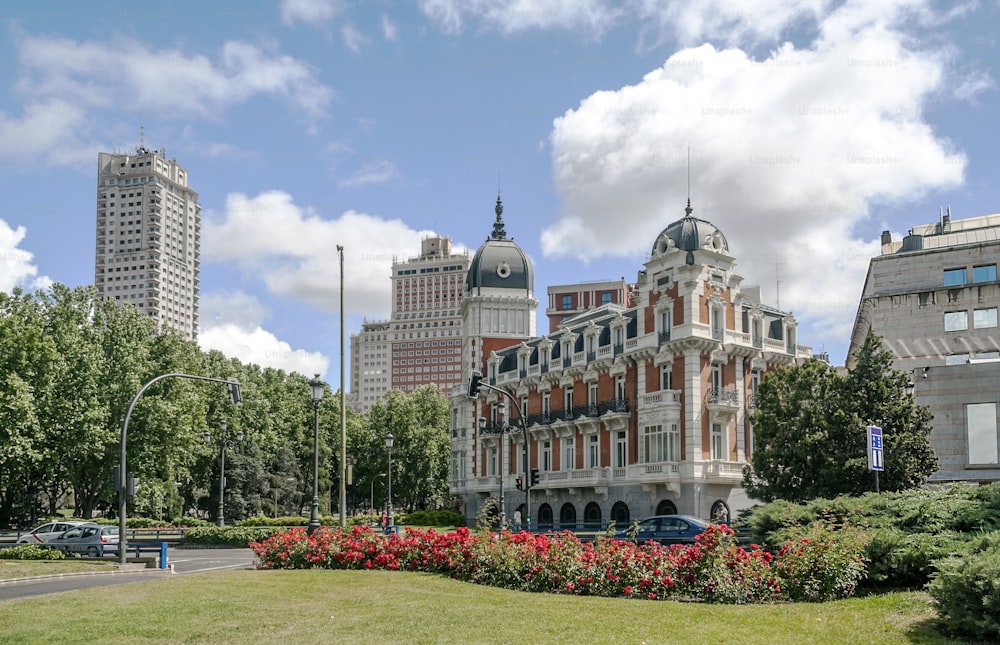 Facades of neclassic buildings in Madrid, the capital of Spain