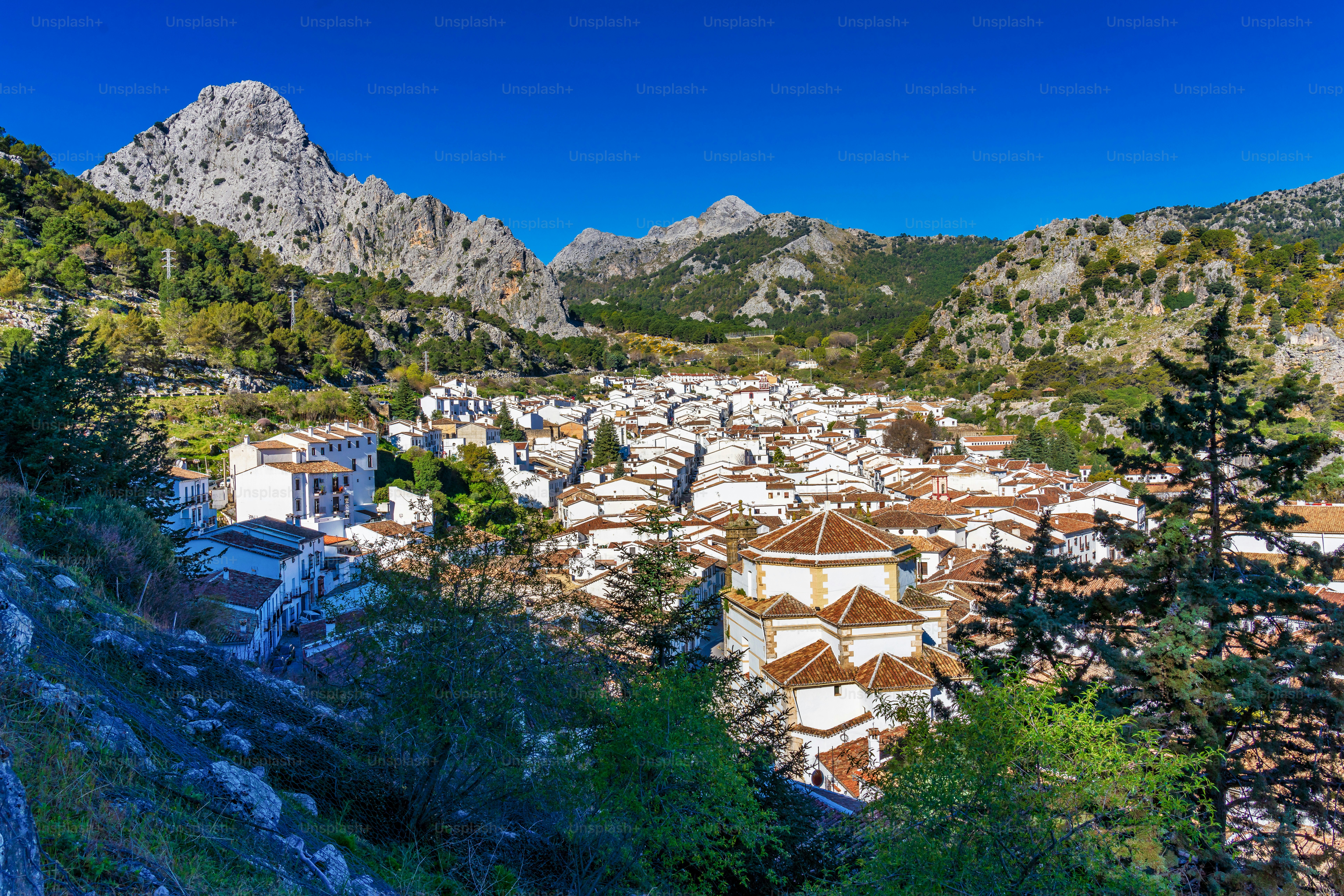 view of Grazalema, village located on the route of the white villages in the province of Cadiz, Andalusia, Spain