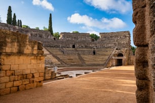 Römisches Amphitheater in Mérida, Augusta Emerita in Extremadura, Spanien. Römische Stadt - Tempel, Theater, Denkmäler, Skulpturen und Arenen