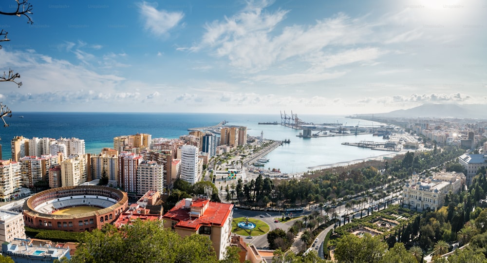 Cityscape of Malaga on a cloudy Winter day, with the harbour and some of the main monuments to be recognised.