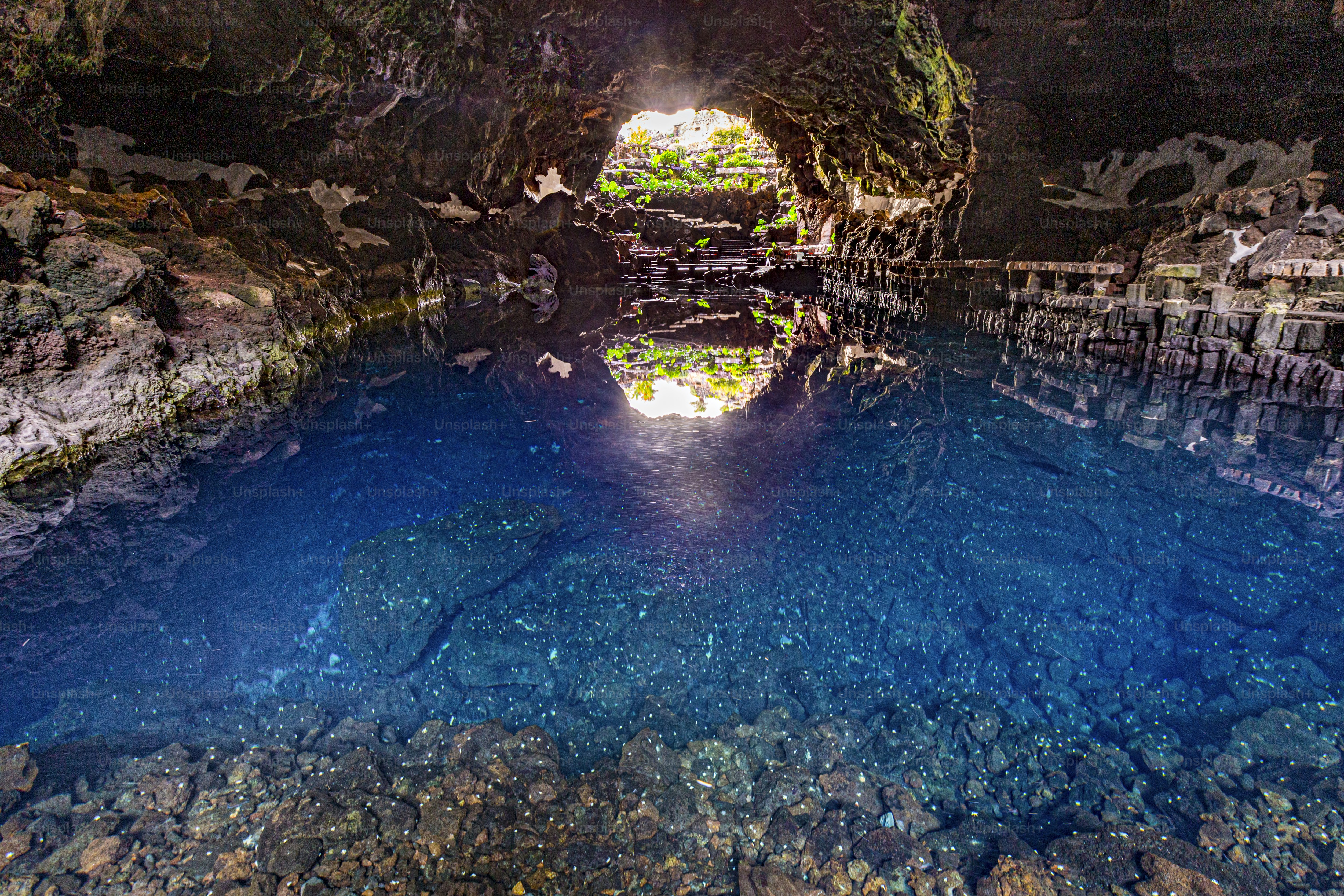 cave Jameos del Agua, scenic cave with lake in Lanzarote, Canary Islands, Spain