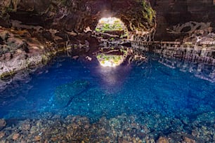 cave Jameos del Agua, scenic cave with lake in Lanzarote, Canary Islands, Spain