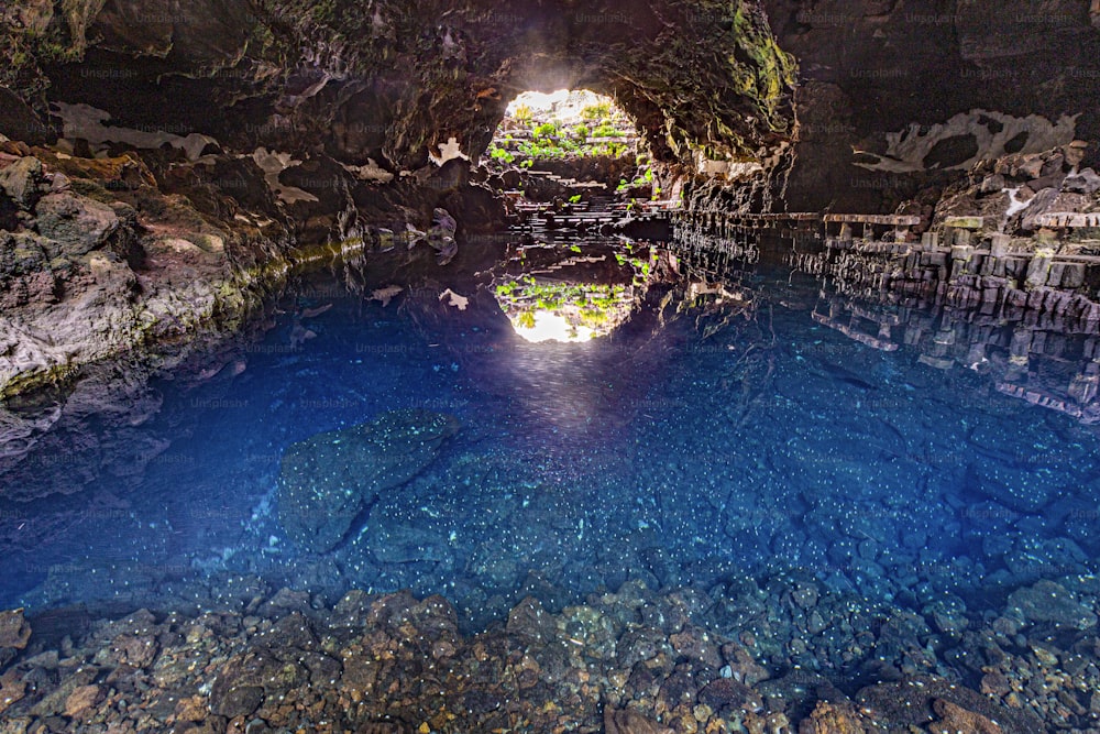 cave Jameos del Agua, scenic cave with lake in Lanzarote, Canary Islands, Spain