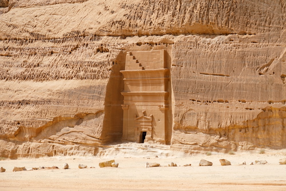 Jabal Al Banat, one of the largest clusters of tombs in Hegra with 29 tombs that have skillfully carved facades on all sides of the sandstone rock, Al Ula, Saudi Arabia