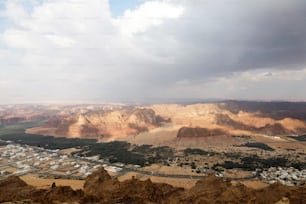 View towards Al Ula, an oasis in the middle of the mountainous landscape of Saudi Arabia