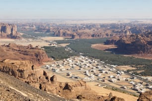 View towards Al Ula, an oasis in the middle of the mountainous landscape of Saudi Arabia