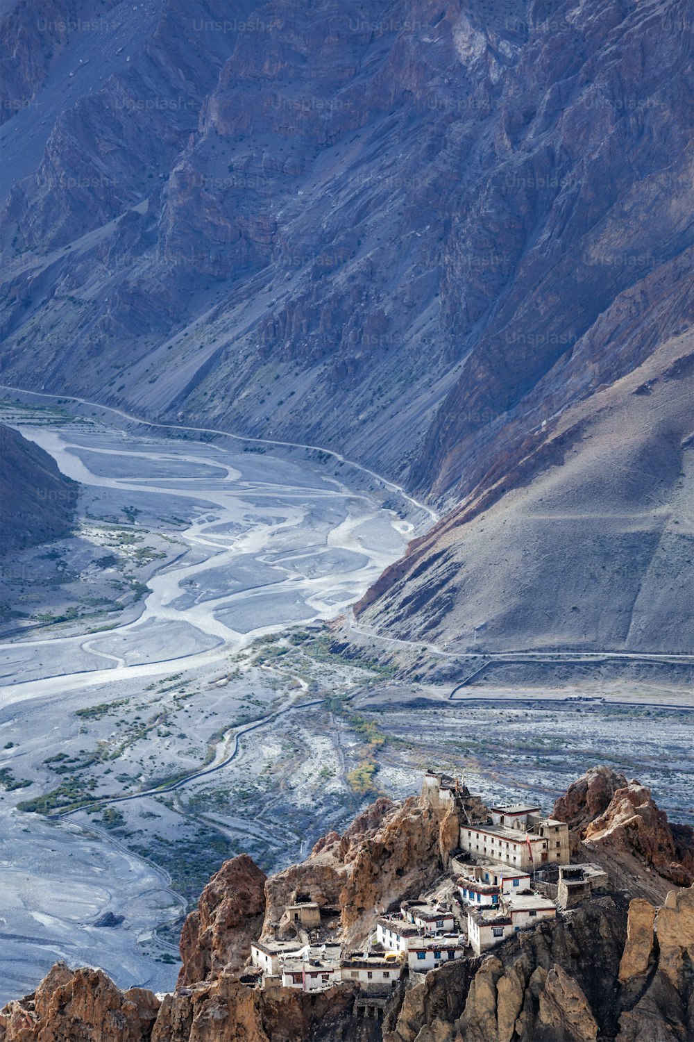 Famous indian tourist landmark Dhankar monastry perched on a cliff in Himalayas. Dhankar, Spiti Valley, Himachal Pradesh, India