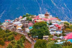 Kalpa and Kinnaur Kailash mountain aerial panoramic view. Kalpa is a small town in the Sutlej river valley, Himachal Pradesh in India