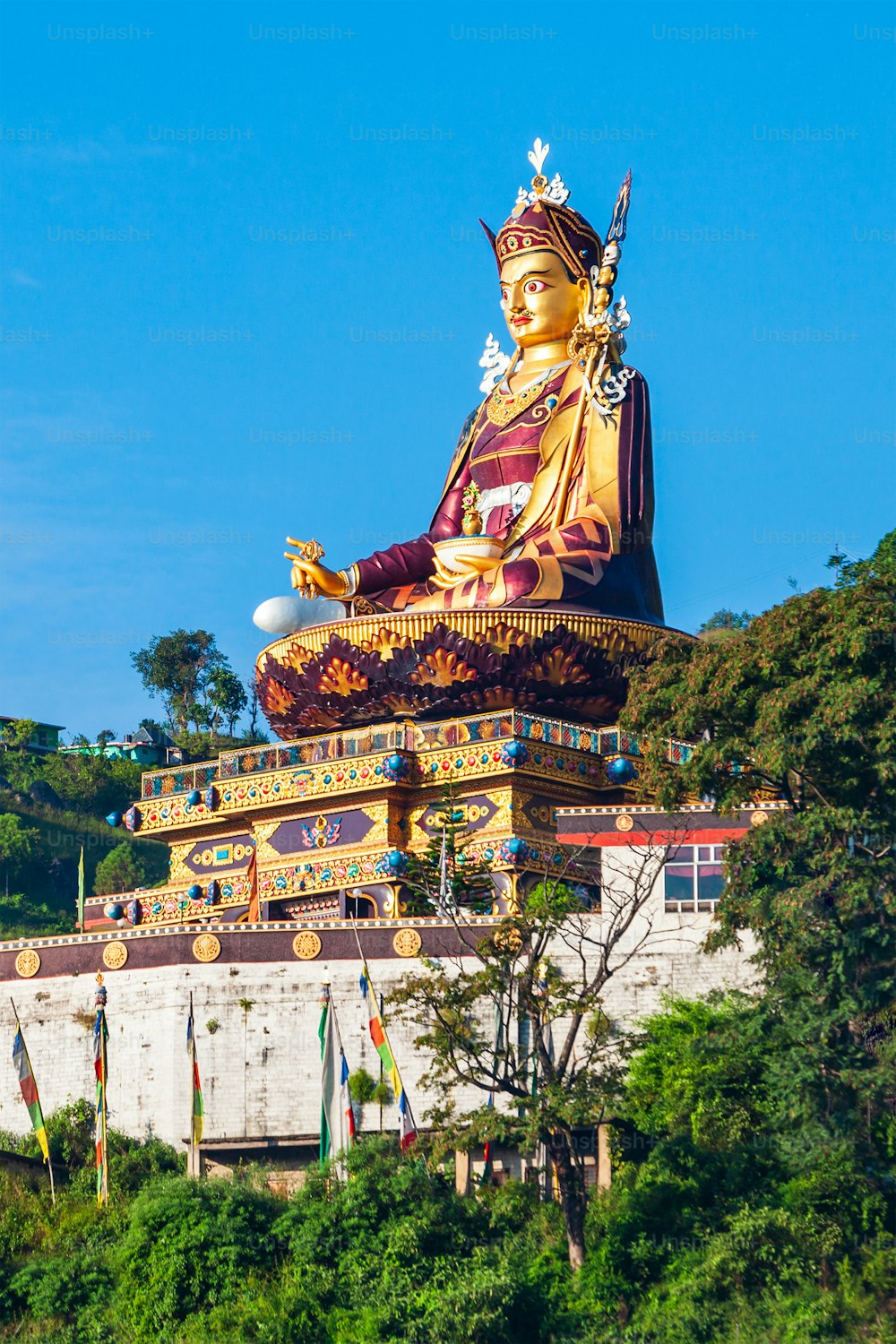 Guru Padmasambhava or Guru Rinpoche statue near the Mahatma Buddha temple in Rewalsar town, Himachal Pradesh state in India