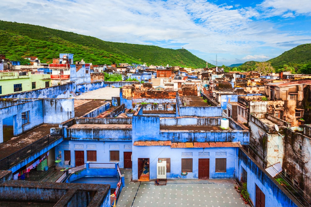 Blue local houses in Bundi town aerial panoramic view in Rajasthan state in India