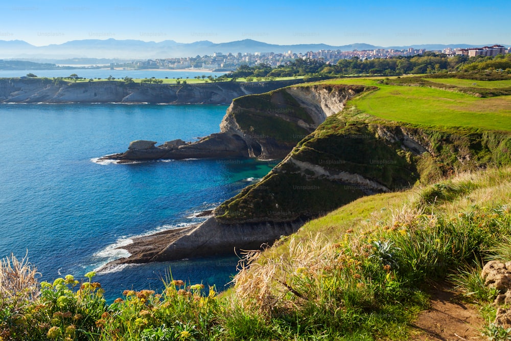 Santander city cliff aerial view from the viewpoint near the Faro Cabo Mayor lighthouse in Santander city, Cantabria region of Spain