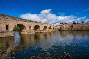 Puente Romano, il ponte romano a Merida, Estremadura, Spagna. È il più lungo ponte romano sopravvissuto, sul fiume Guadiana a Merida. Sullo sfondo vediamo l'Alcazaba.