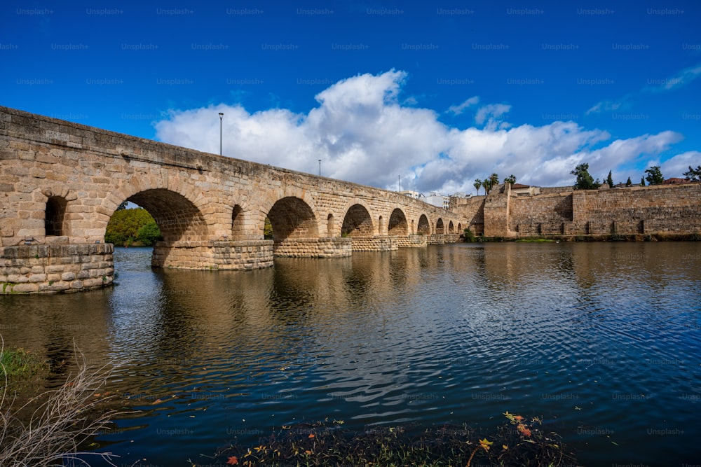 Puente Romano, the Roman Bridge in Merida, Extremadura, Spain. It is the longest surviving Roman bridge, over the Guadiana River in Merida. In the background we see the Alcazaba.