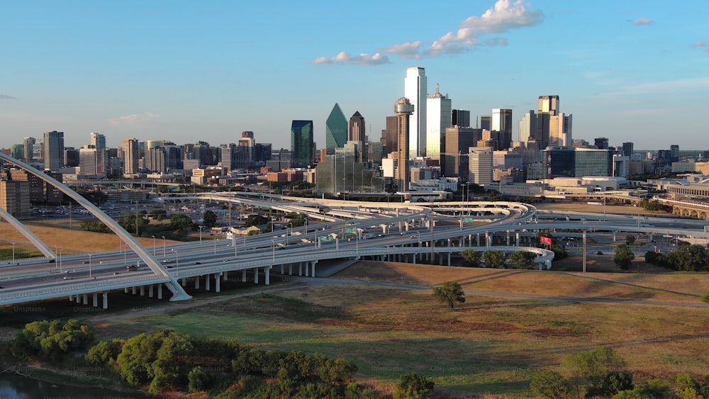 An aerial view of Dallas skyline with Margaret McDermott Bridge in Texas