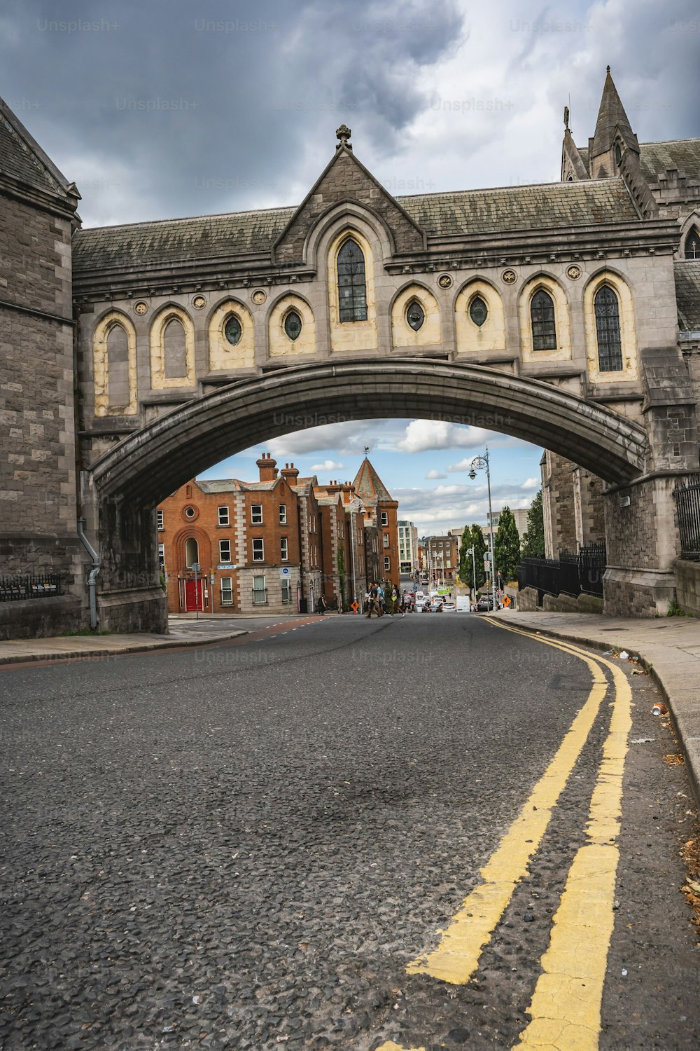 An aerial view of road surrounded by buildings in Dublin