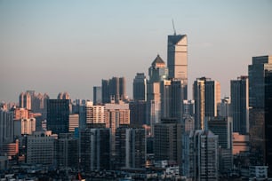 회색 하늘 아래 높은 고층 빌딩과 도시 타워의 도시 풍경