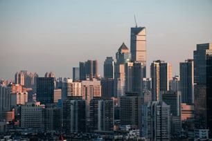 A cityscape high scyscrapers and urban towers under gray sky