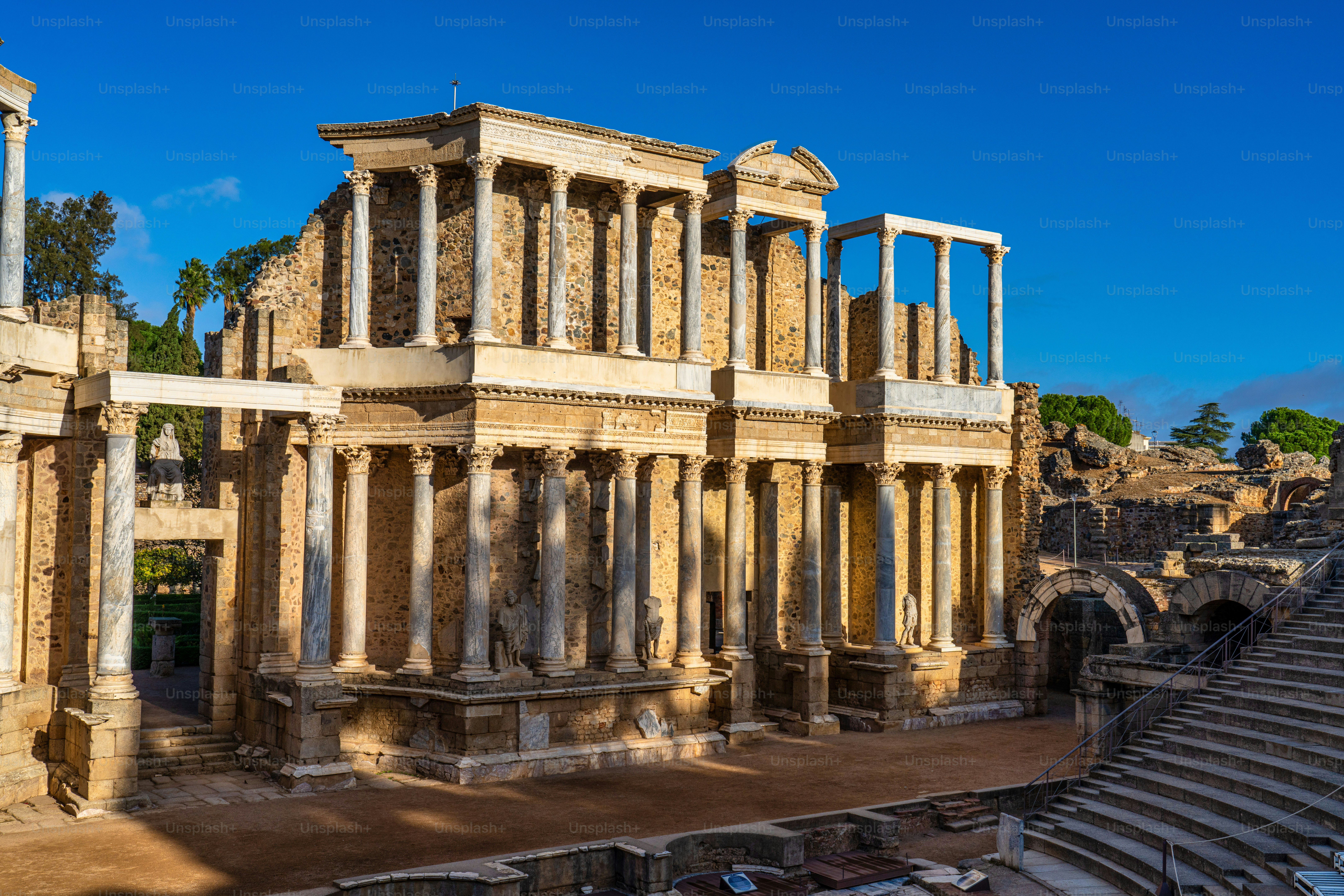 Roman Amphitheatre in Merida, Augusta Emerita in Extremadura, Spain. Roman City - Temples, Theatres, Monuments, Sculptures and Arenas