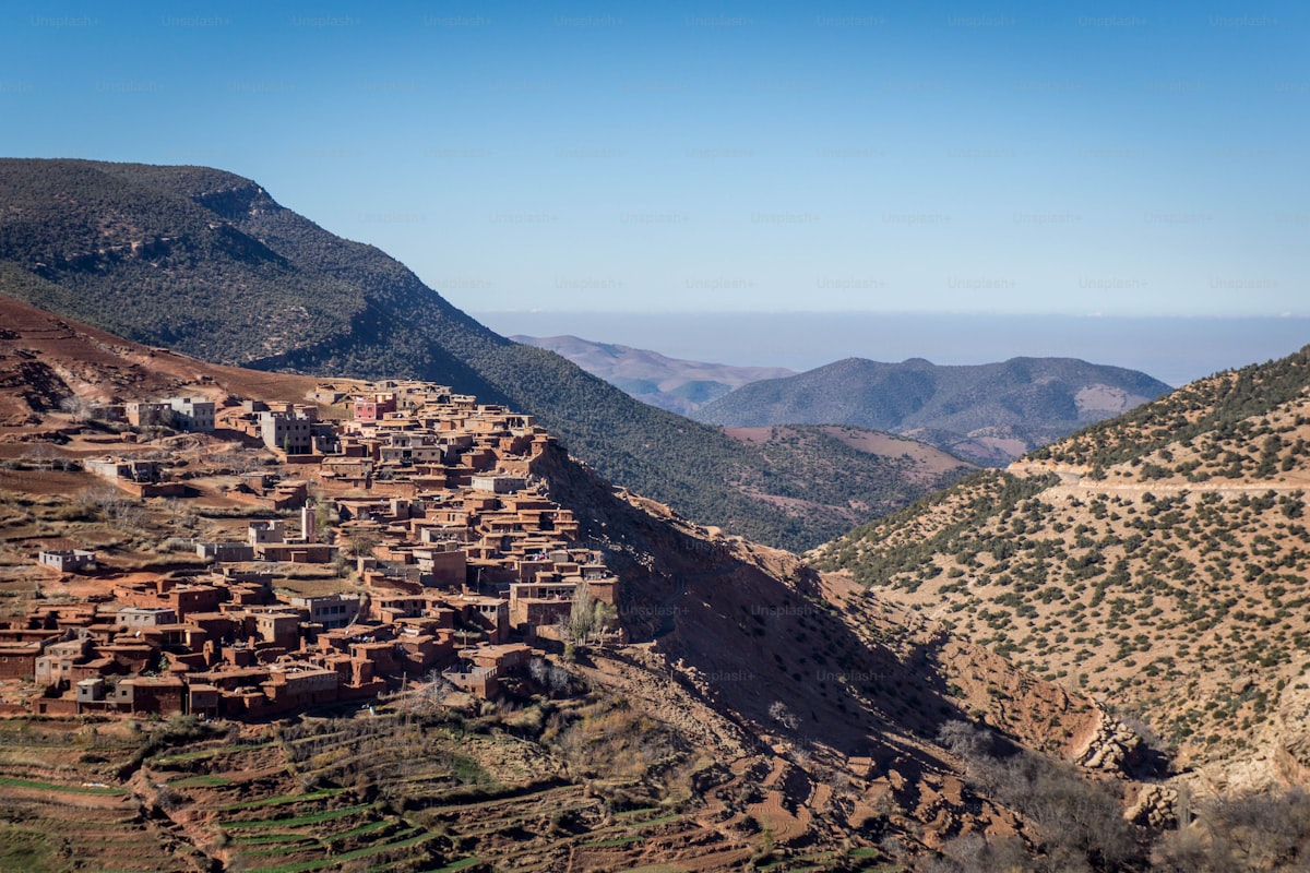 The Atlas Mountains - Aerial view of a village terraced into the mountainside