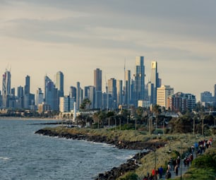 The skyline of Melbourne across water on a summer day, Australia