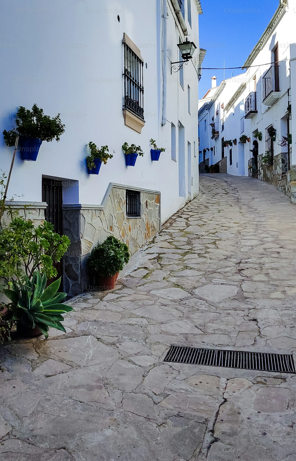 Flowers in the street of white village in el Gastor in the province of Cadiz in a sunny day