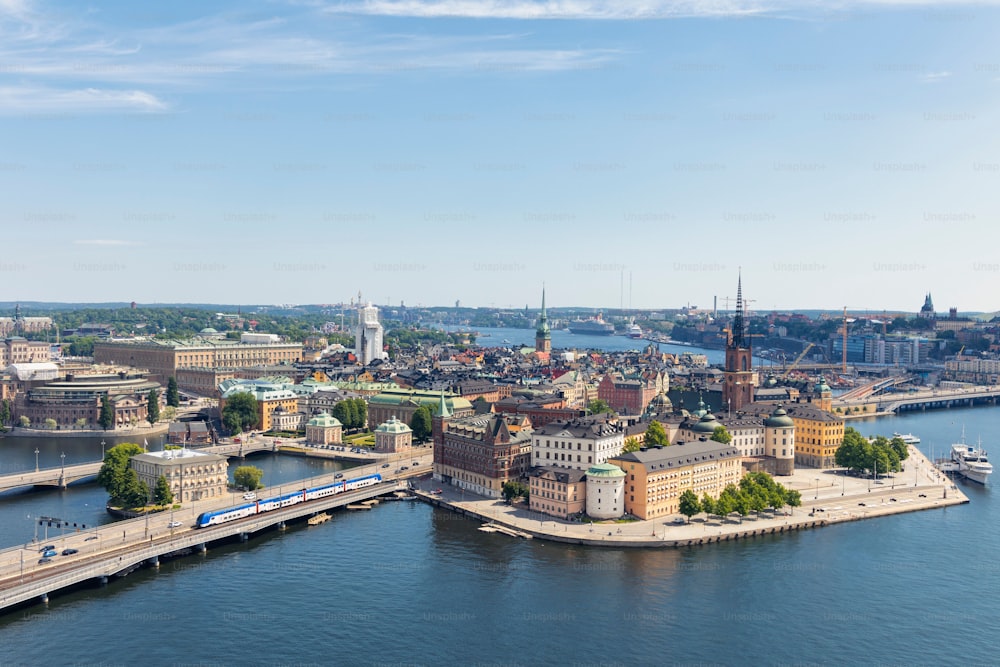 An aerial shot of the Stockholm City Hall in Sweden