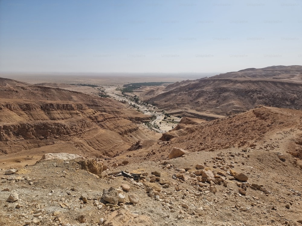 An aerial view of rural dry brown hills in Tunis