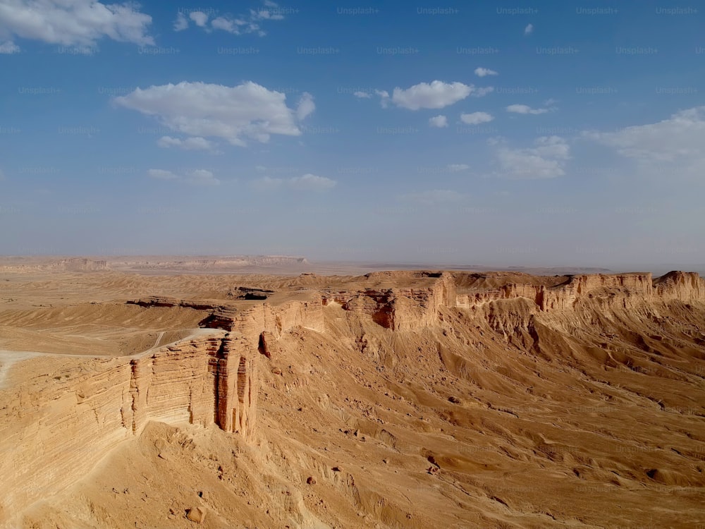 A view from drone of The Edge of the World (Jebel Fihrayn), an unexpected and dramatic geological wonder in the rocky desert northwest of Riyadh, Saudi Arabia.