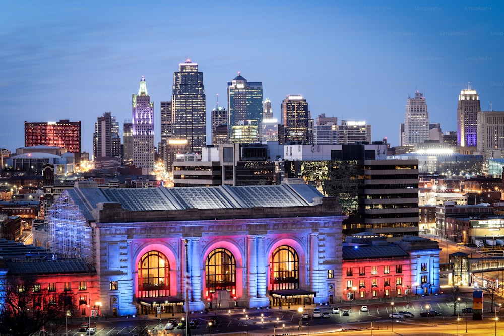 A beautiful shot of Union Station and sky scrappers against dusk sky in Kansas City, Missouri, United States