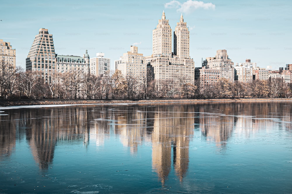 A beautiful view of Jacqueline Kennedy Onassis Reservoir in Central Park, New York City at daytime