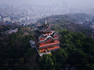 The aerial view of Chenghuang Pagoda (City God pavilion) in Hangzhou, China