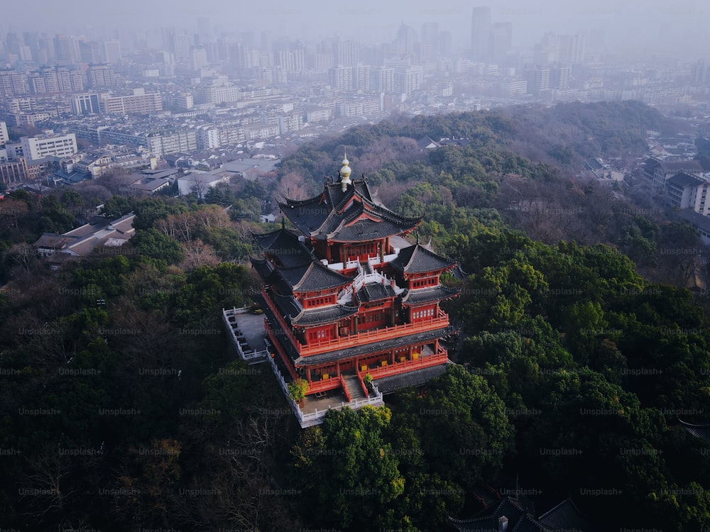 The aerial view of Chenghuang Pagoda (City God pavilion) in Hangzhou, China
